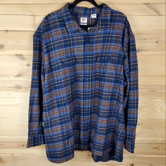 Levi's Relaxed Fit Blue and Brown Plaid Button Up Heavy Shirt Size 3XL - Picture 1 of 8